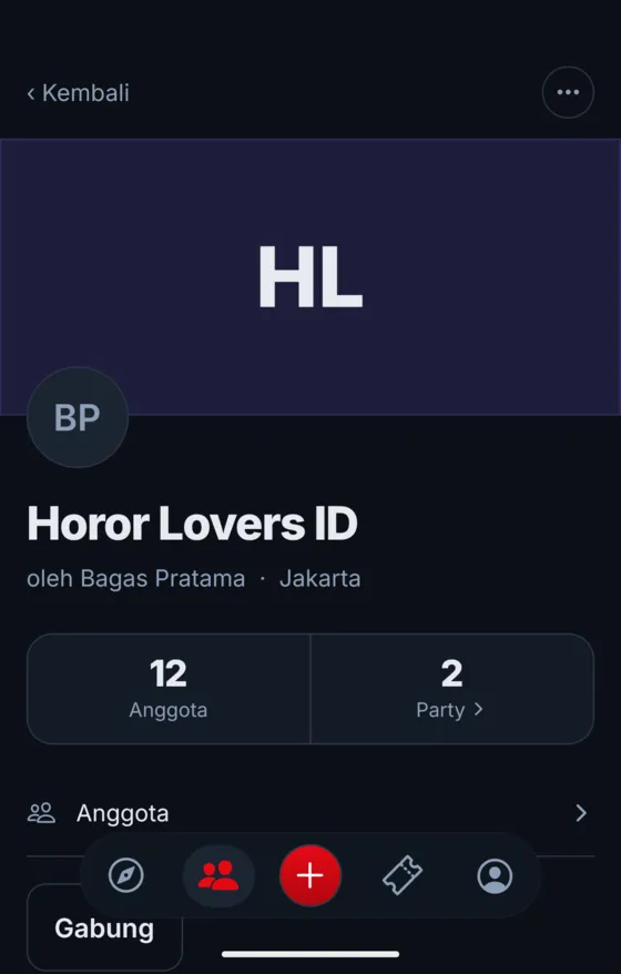 A community page, Horor Lovers ID in Jakarta: 12 members and 2 parties