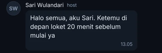 A message in a party chat from the host: meet at the ticket counter 20 minutes before