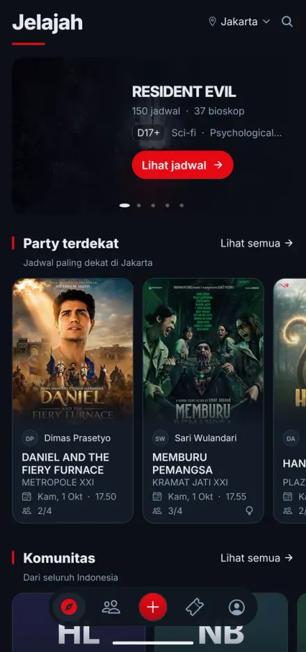 The Explore screen with parties near you