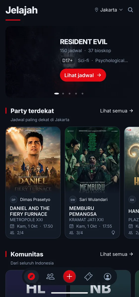 The Explore screen: a featured film and a shelf of open parties near you