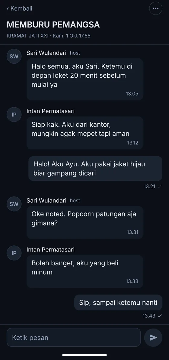 A party chat with messages from the host and guests