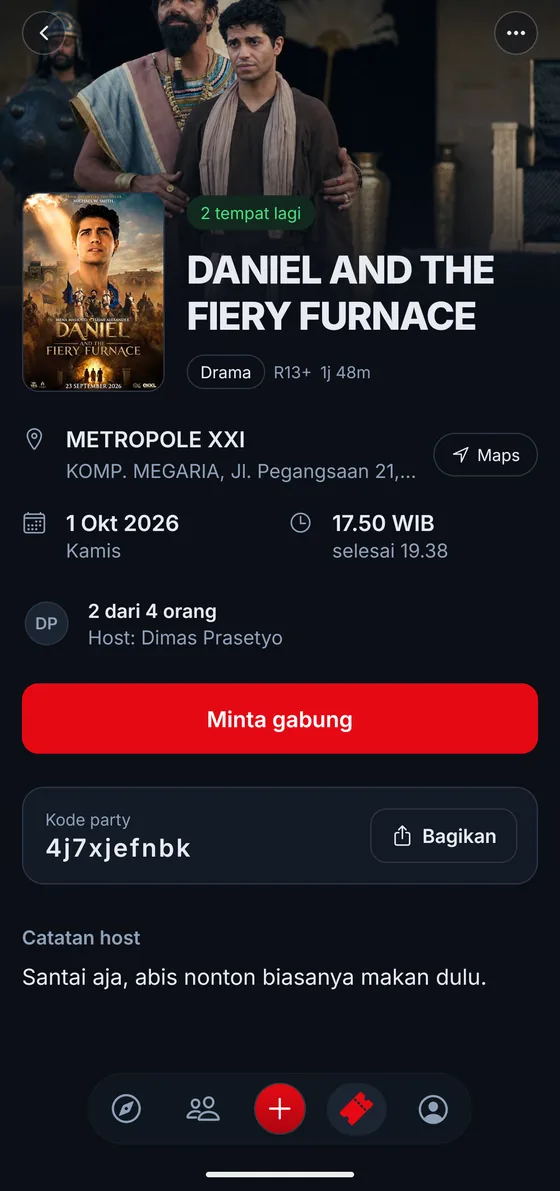 A party page with the host, the meeting time and an Ask to join button